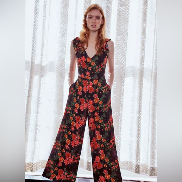 PLENTY TRACY REESE Laurete Floral Ruffle Cutout Wide Leg Jumpsuit in Black - Picture 1 of 14